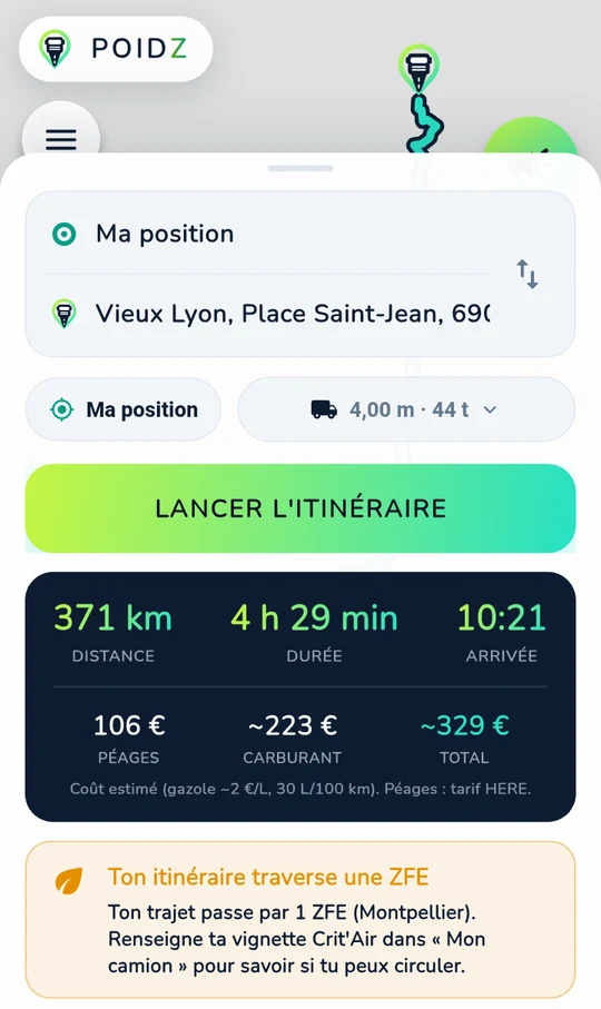 Écran de POIDZ : itinéraire calculé pour un 44 tonnes de 4 m de haut,
371 km en 4 h 29, coût estimé à 329 € péages et carburant compris,
et une alerte signalant la traversée de la zone à faibles émissions
de Montpellier.