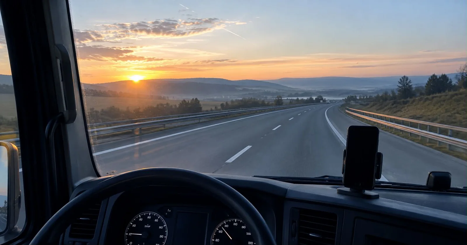 Vue depuis la cabine d'un camion au lever du jour, autoroute dégagée et
téléphone fixé au tableau de bord.